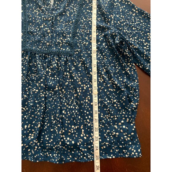 LOFT Blue Confetti Dot Long Sleeve Split Neck Smocked Casual Blouse Size XL - Picture 8 of 12